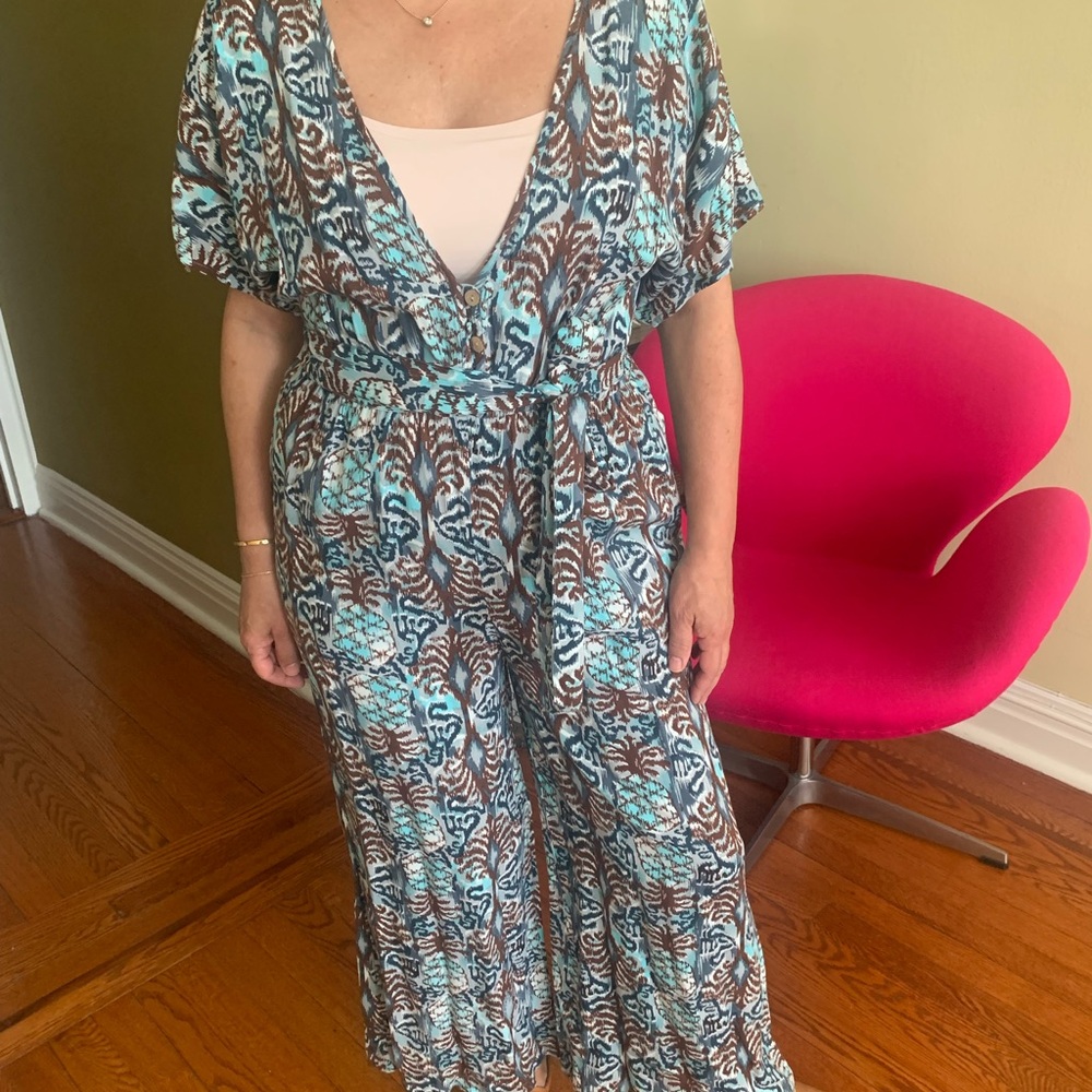 Blue Island Abstract Print Jumpsuit in Blue and Brown